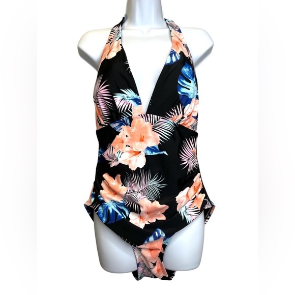 DKNY | NWOT One Piece Tropical Print Halter Neckline Swimsuit Sz XL - Picture 2 of 9